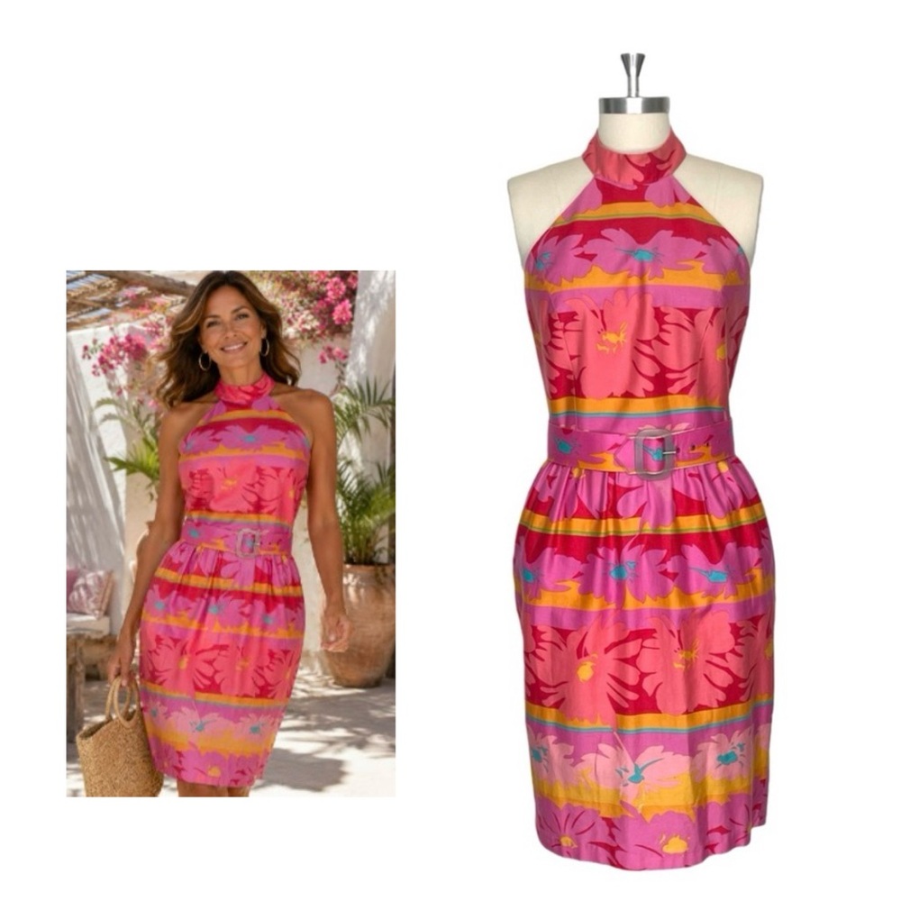 Vintage 1980s Tony Lambert Collection Pink floral Midi Halter Dress Size 4
